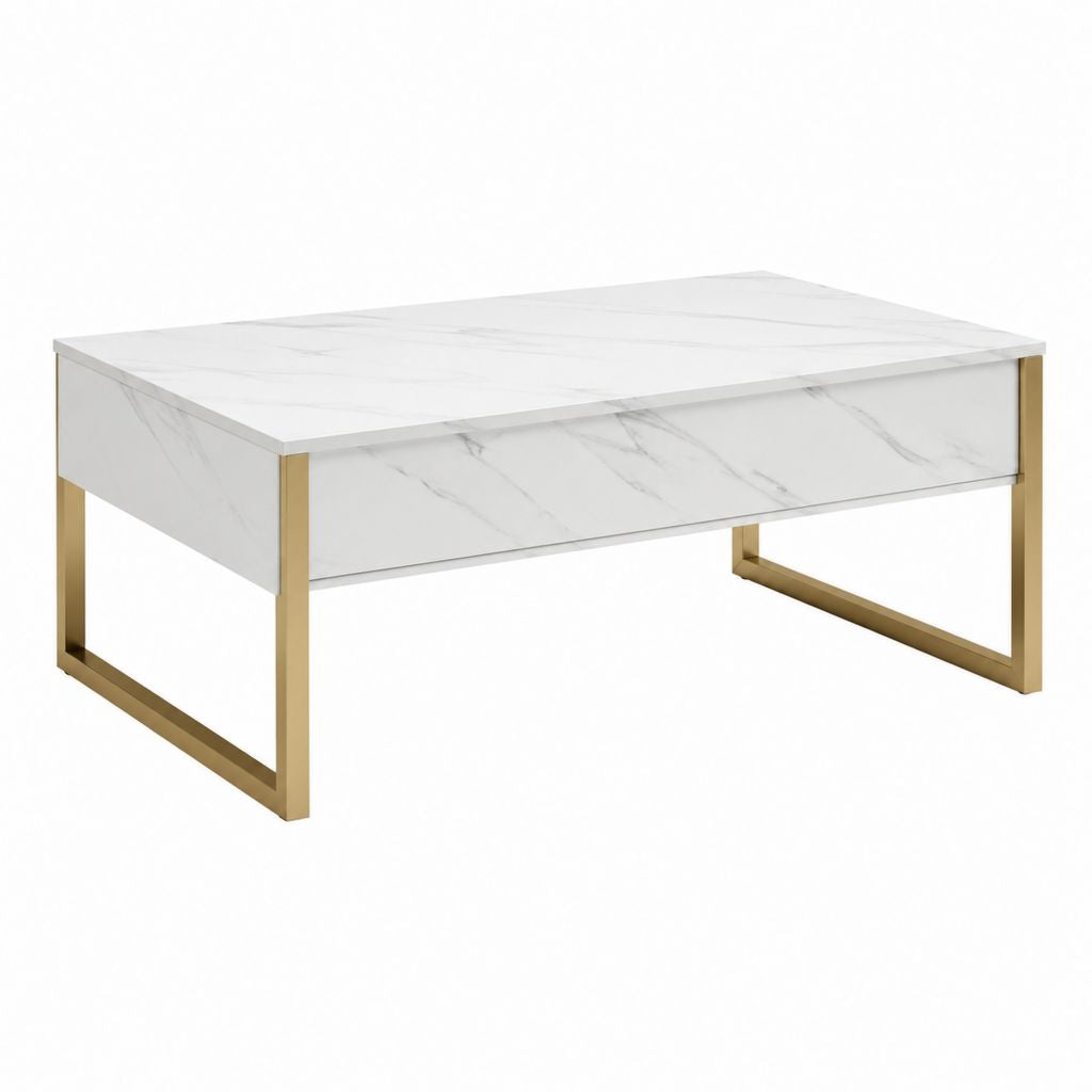 Table basse rectangulaire avec tiroir blanc effet marbre et acier inoxydable doré 100 x 60 x 45 cm
