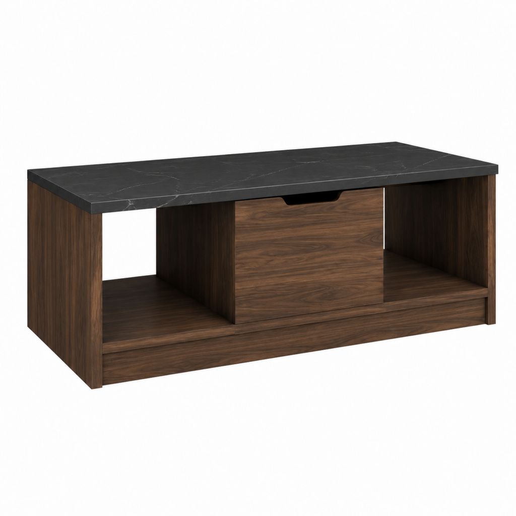 Table basse rectangulaire noyer et noir effet marbre avec rangement 110 x 60 x 45 cm