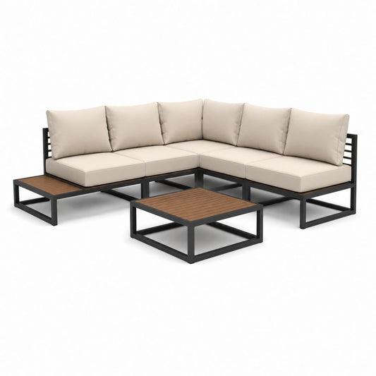 Salon de jardin d'angle 5 places beige et noir en aluminium avec coussins polyester 210 x 210 cm