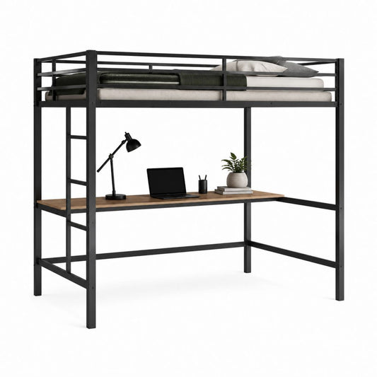 Lit mezzanine avec bureau noir et brun en acier et panneaux de particules 198 x 99 x 180 cm couchage 90 x 190 cm