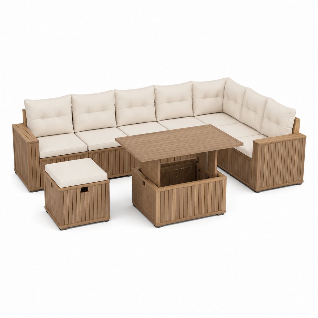 Salon de jardin d'angle 6 places marron clair en acacia massif avec coussins beiges 240 x 240 cm