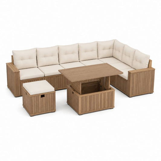 Salon de jardin d'angle 6 places marron clair en acacia massif avec coussins beiges 240 x 240 cm