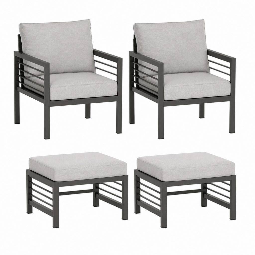 Ensemble de jardin 4 pièces avec 2 fauteuils et 2 repose-pieds gris en acier et polyester fauteuils 68 x 75 x 80 cm repose-pieds 60 x 60 x 35 cm