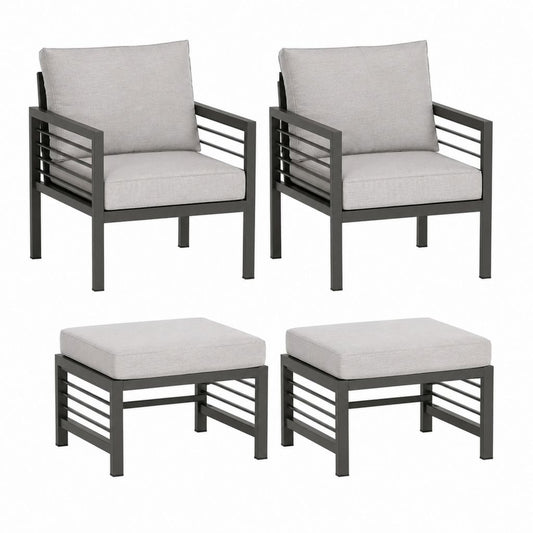 Ensemble de jardin 4 pièces avec 2 fauteuils et 2 repose-pieds gris en acier et polyester fauteuils 68 x 75 x 80 cm repose-pieds 60 x 60 x 35 cm
