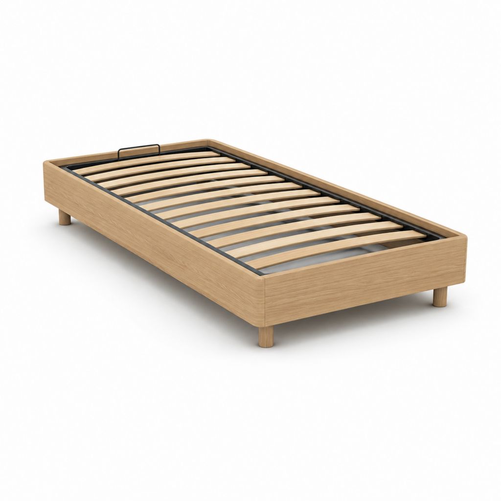 Lit coffre 90 x 190 cm chêne clair en MDF avec sommier à lattes