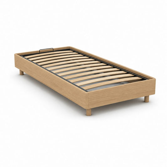 Lit coffre 90 x 190 cm chêne clair en MDF avec sommier à lattes