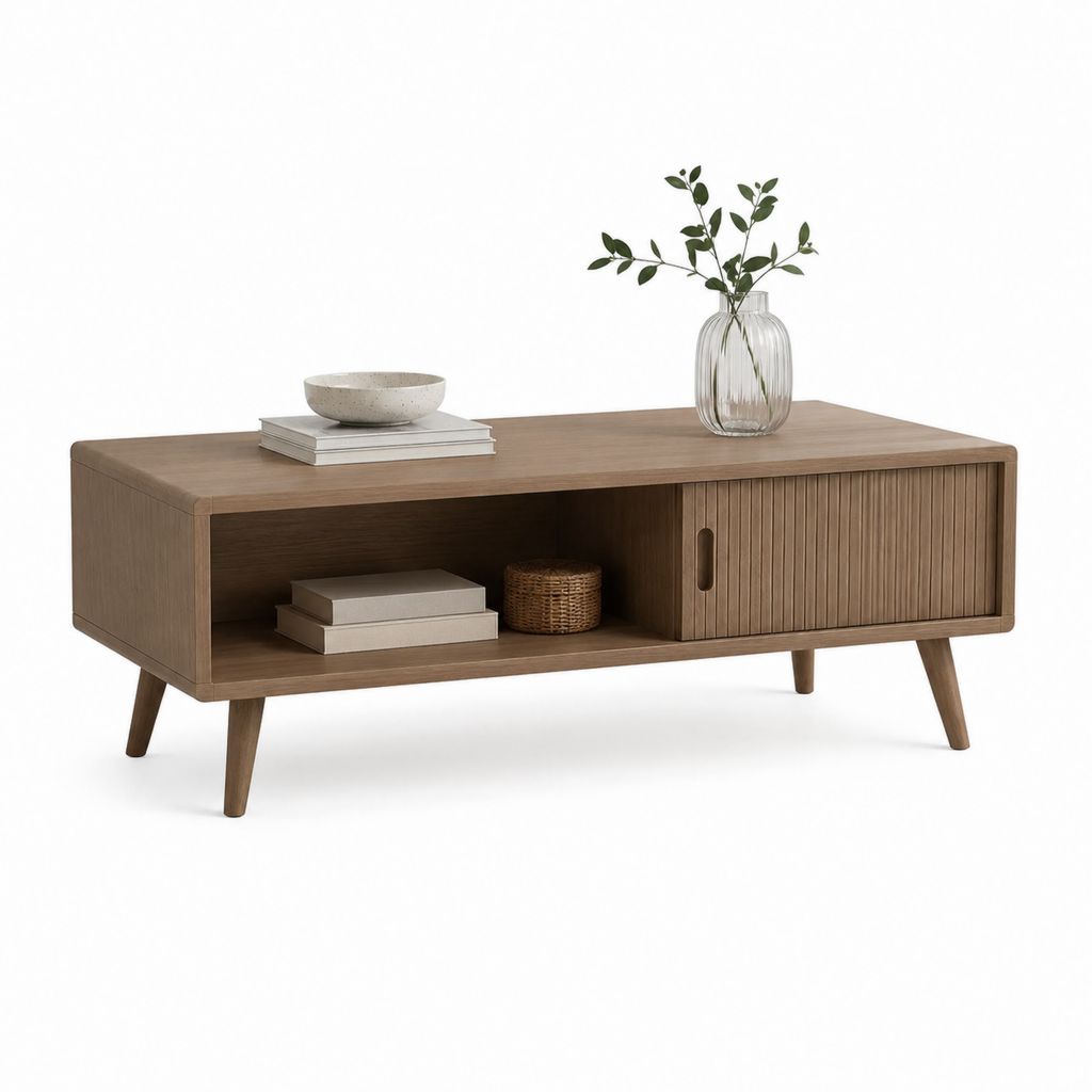Table basse rectangulaire marron en MDF plaqué chêne 120 x 60 x 45 cm avec rangement coulissant