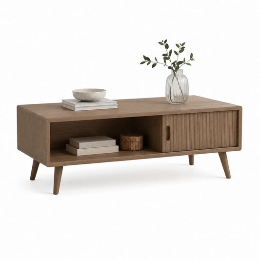 Table basse rectangulaire marron en MDF plaqué chêne 120 x 60 x 45 cm avec rangement coulissant