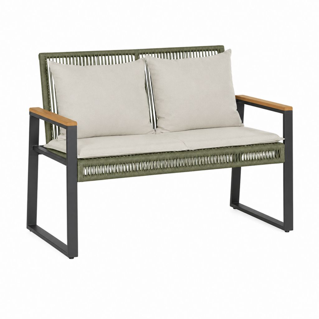Banc de jardin 2 places rectangulaire vert olive noir avec coussins beiges en acier polypropylène et acacia 120 x 70 x 80 cm