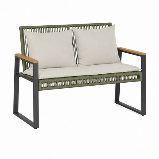 Banc de jardin 2 places rectangulaire vert olive noir avec coussins beiges en acier polypropylène et acacia 120 x 70 x 80 cm