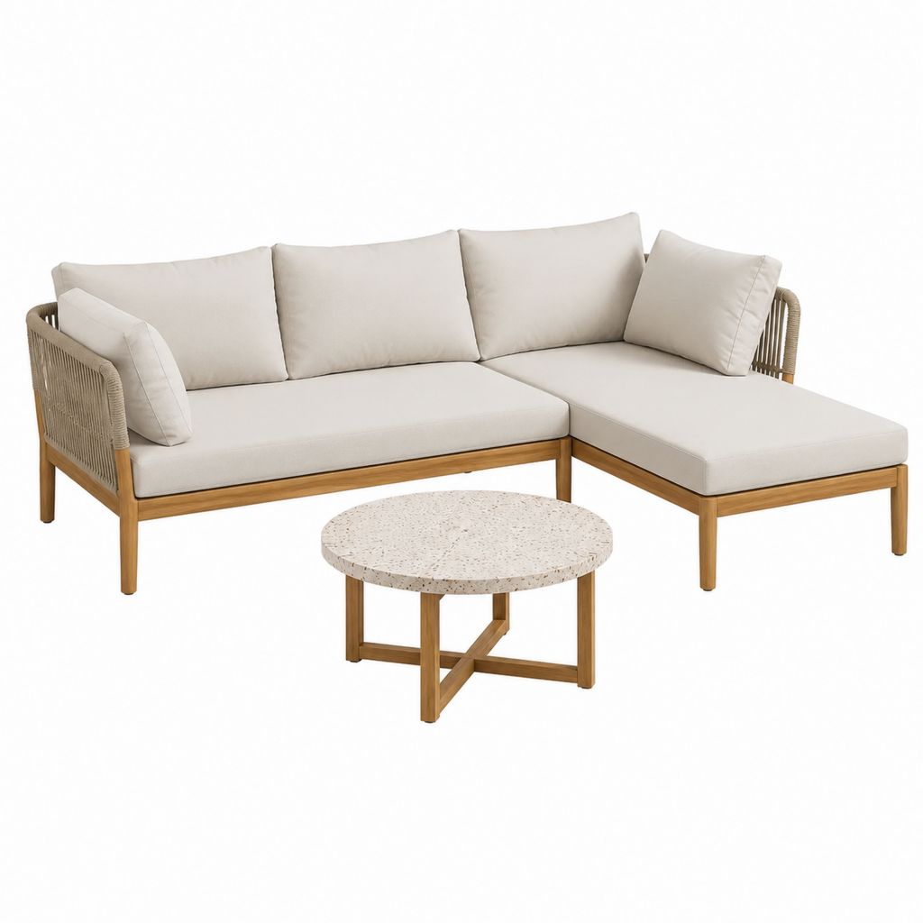 Salon de jardin d'angle 3 places beige en acacia massif avec table basse ronde 230 x 150 x 70 cm