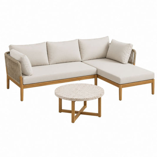Salon de jardin d'angle 3 places beige en acacia massif avec table basse ronde 230 x 150 x 70 cm