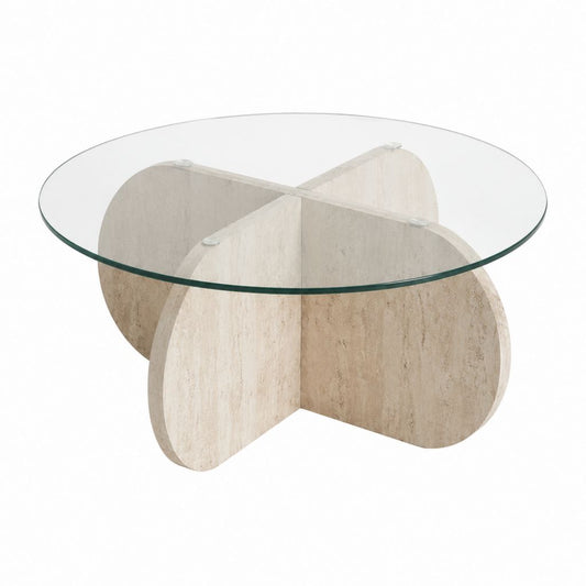 Table basse ronde beige en verre trempé et MDF décor travertin Ø80 x H40 cm