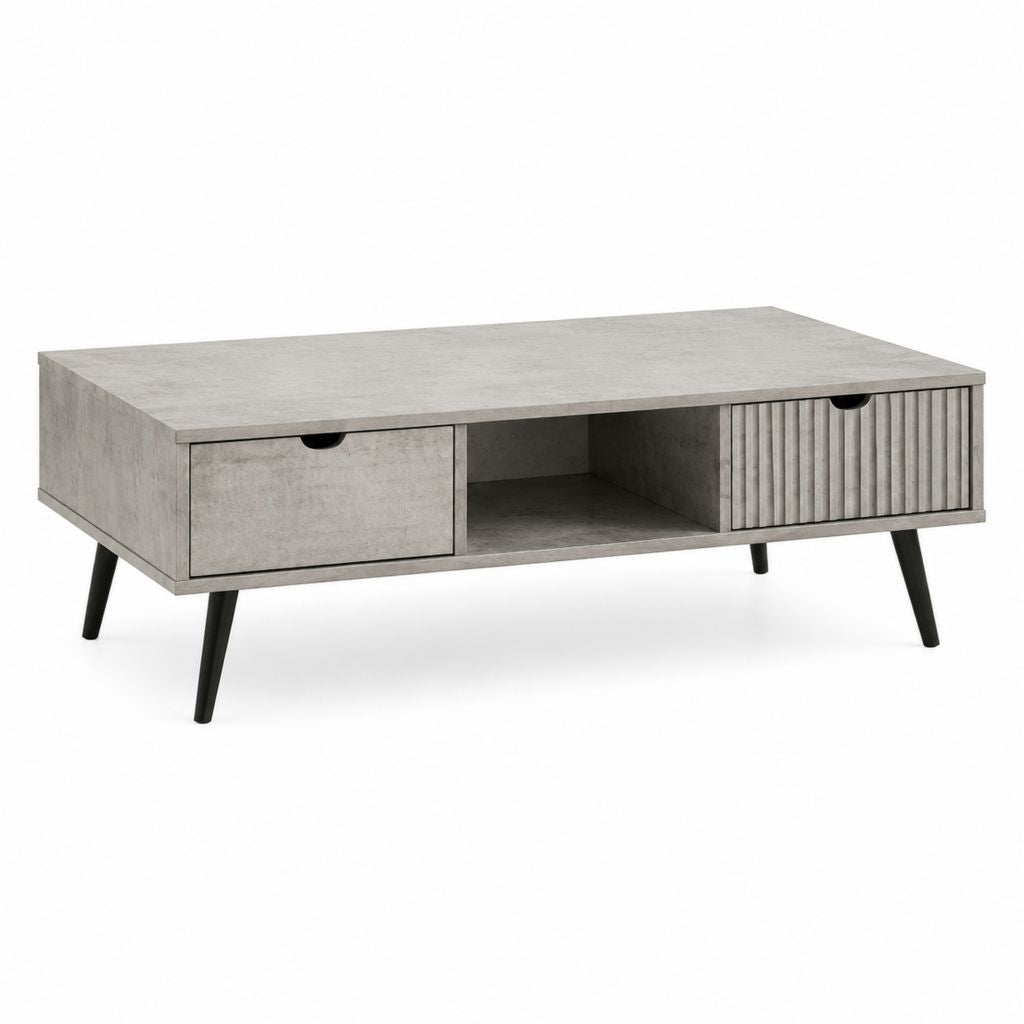 Table basse rectangulaire grise en panneaux de particules 120 x 60 x 45 cm avec 2 tiroirs et niche
