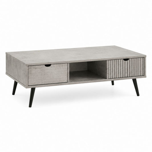 Table basse rectangulaire grise en panneaux de particules 120 x 60 x 45 cm avec 2 tiroirs et niche