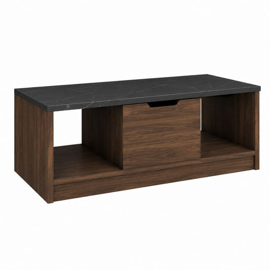 Table basse rectangulaire noyer et noir effet marbre avec rangement 110 x 60 x 45 cm