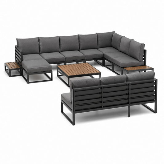 Salon de jardin 8 places avec canapés d'angle gris en aluminium et table basse 310 x 210 cm