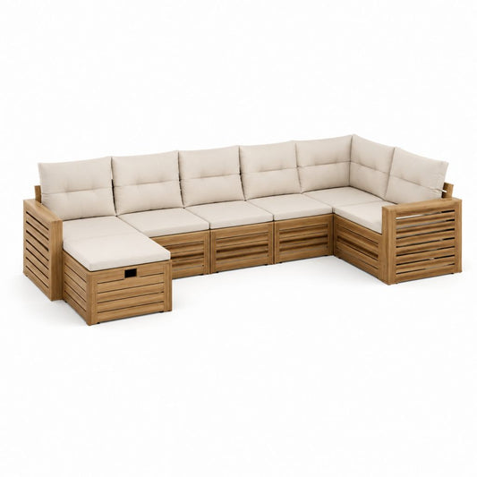 Salon de jardin d'angle modulable 5 places en acacia massif beige et brun 280 x 140 x 68 cm