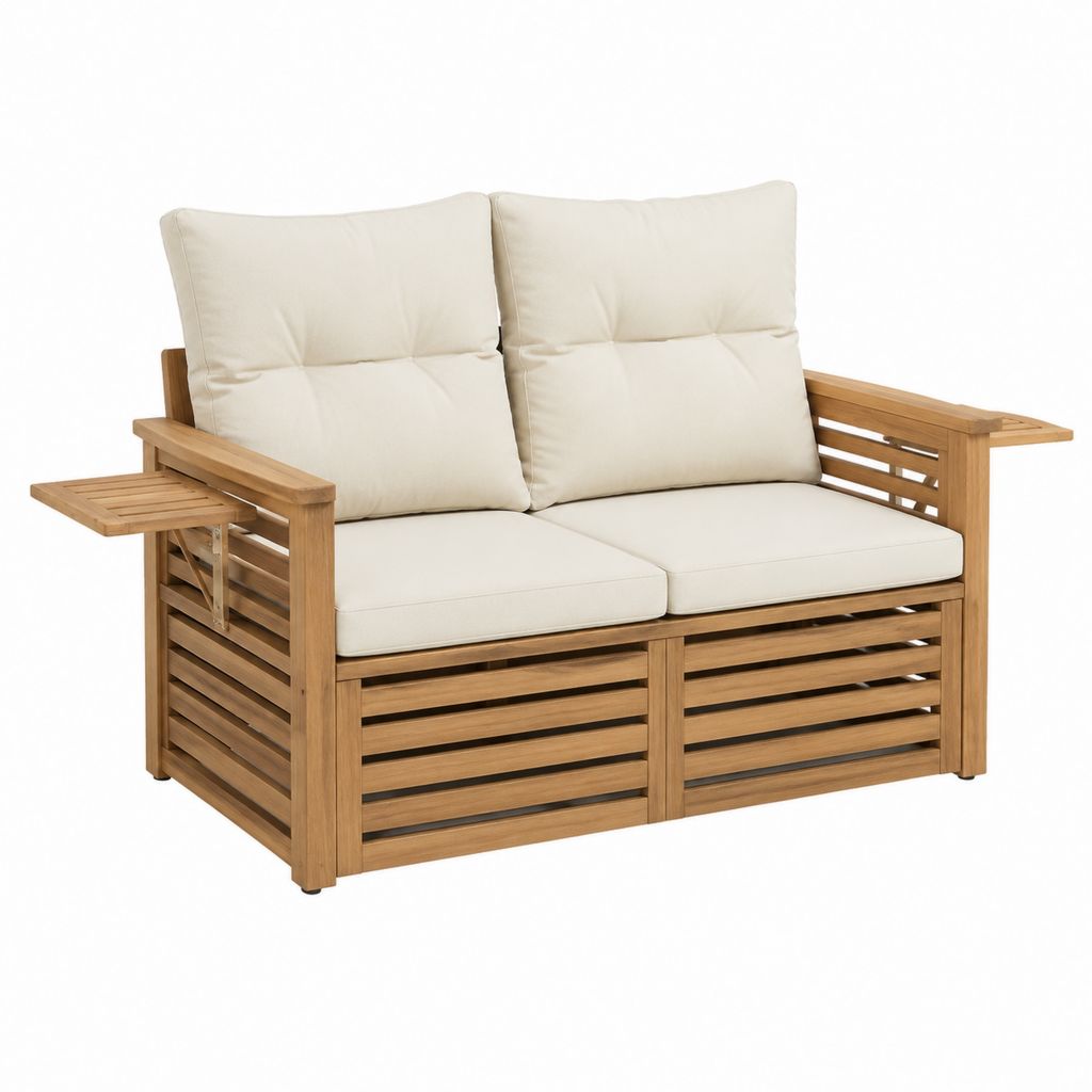 Canapé de jardin 2 places beige en acacia massif avec tablette rabattable 145 x 70 x 80 cm