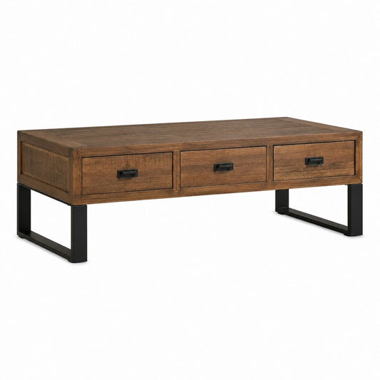 Table basse rectangulaire 3 tiroirs marron manguier massif et acier 120 x 60 x 45 cm