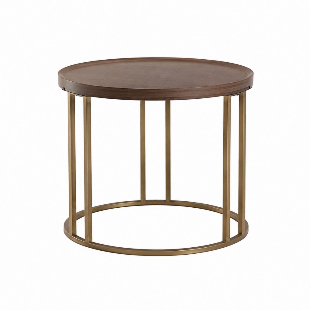 Table basse ronde marron et bronze en MDF plaqué noyer et acier 80 x 45 cm