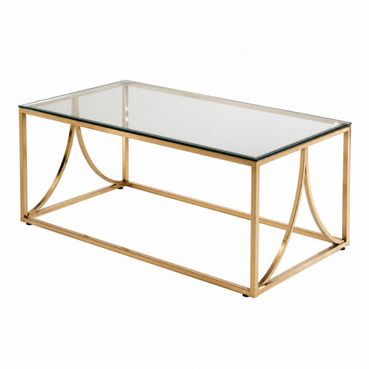 Table basse rectangulaire dorée en acier inoxydable et verre trempé 110 x 60 x 45 cm