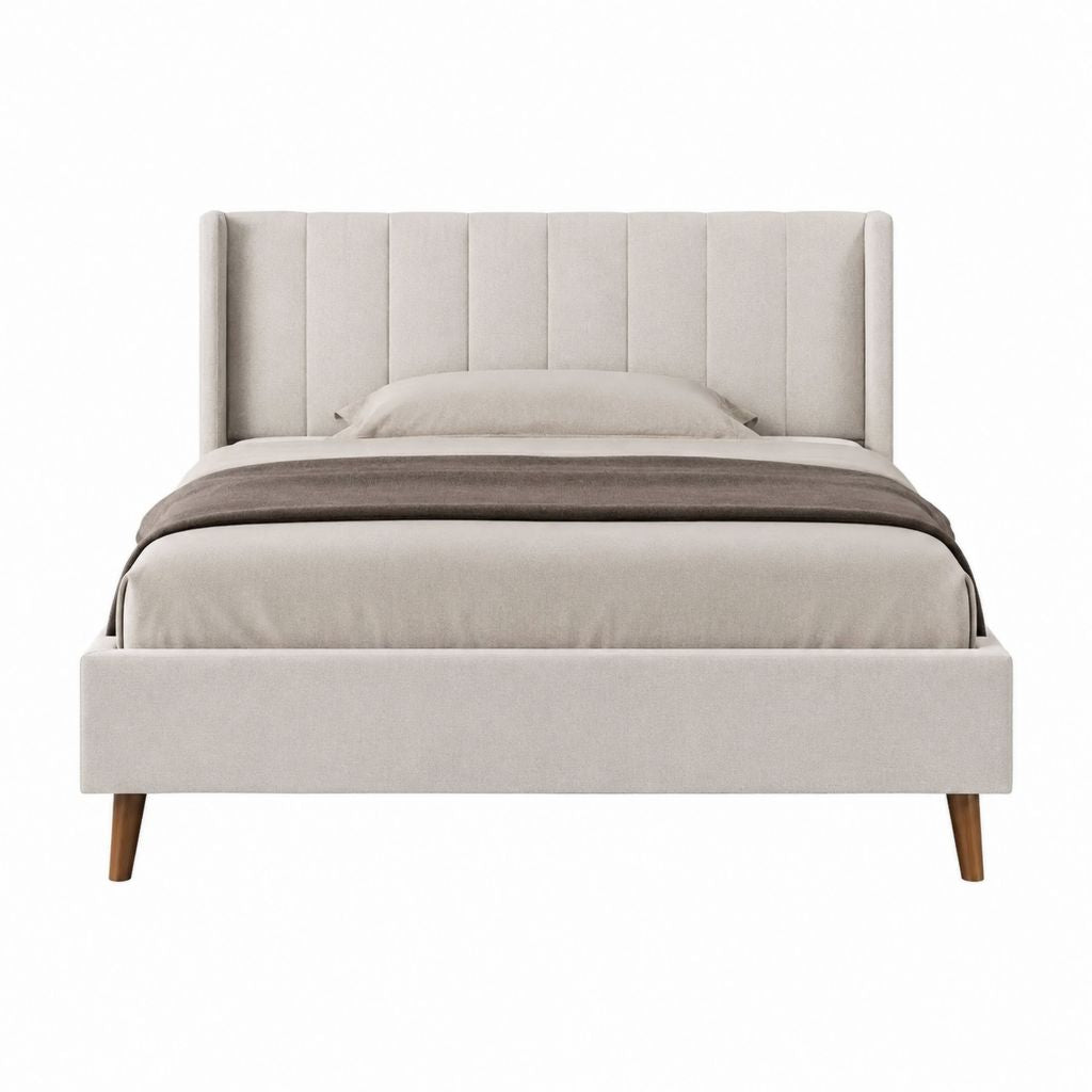 Lit coffre 160 x 200 cm beige en polyester avec tête de lit capitonnée