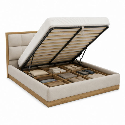 Lit coffre 160 x 200 cm beige et décor chêne avec sommier relevable