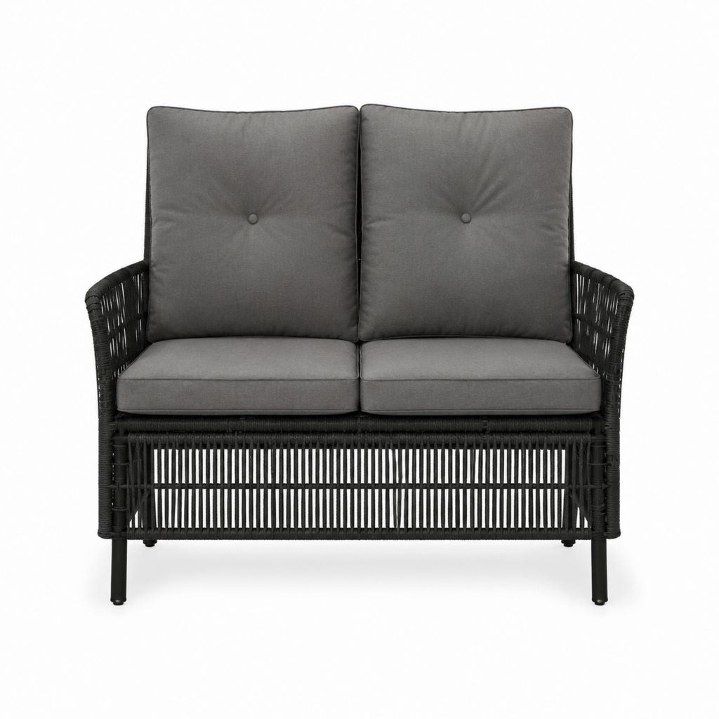 Banc de jardin 2 places noir en rotin PE avec coussins gris 120 x 70 x 85 cm