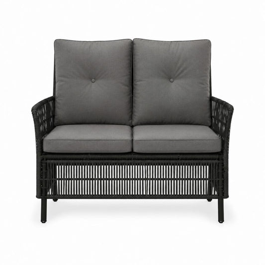 Banc de jardin 2 places noir en rotin PE avec coussins gris 120 x 70 x 85 cm