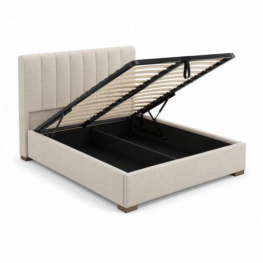 Lit coffre rectangulaire beige en polyester 160 x 200 cm avec sommier à lattes et tête de lit capitonnée