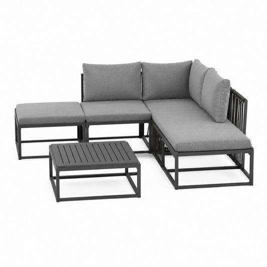 Salon de jardin d'angle 4 pièces gris en acier thermolaqué avec coussins 210 x 140 cm
