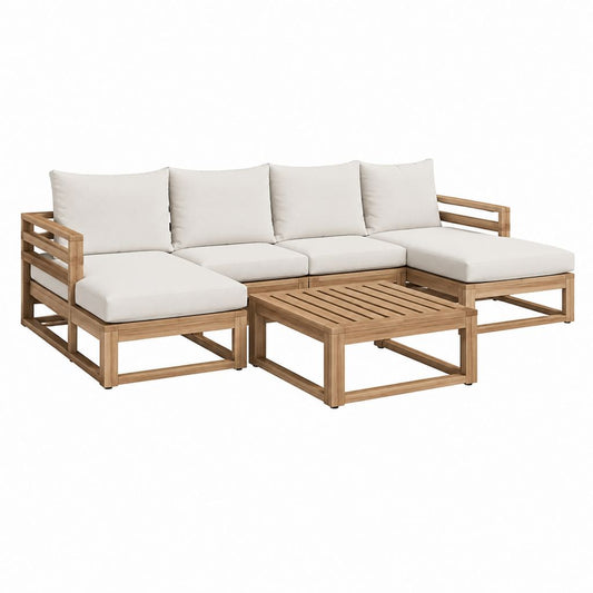 Salon de jardin d'angle 5 pièces beige en bois massif d'acacia avec table basse 250 x 150 x 68 cm