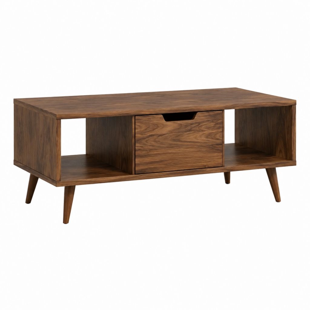Table basse rectangulaire en noyer massif marron 120 x 60 x 45 cm avec tiroir et niches