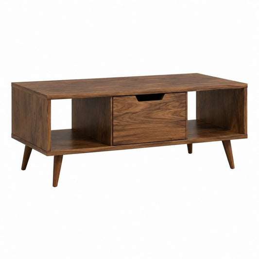 Table basse rectangulaire en noyer massif marron 120 x 60 x 45 cm avec tiroir et niches