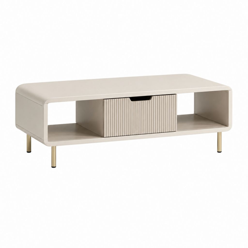 Table basse rectangulaire beige en MDF laqué avec tiroir central et rangements ouverts 120 x 60 x 45 cm