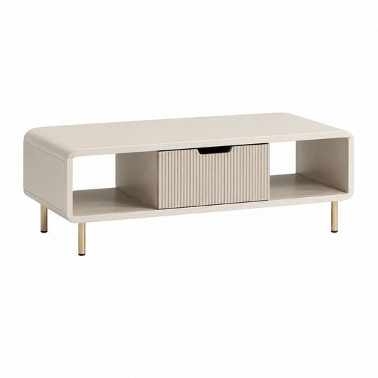 Table basse rectangulaire beige en MDF laqué avec tiroir central et rangements ouverts 120 x 60 x 45 cm