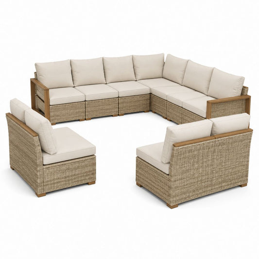 Salon de jardin d'angle 8 places beige en résine tressée PE avec coussins 300 x 300 x 78 cm