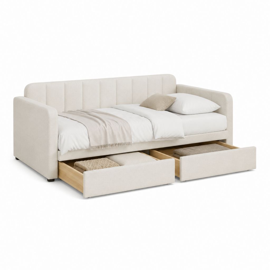 Lit banquette 90 x 190 cm avec 2 tiroirs de rangement beige en polyester