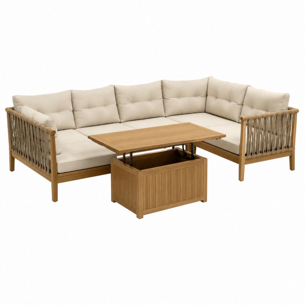 Salon de jardin d'angle 5 places beige en bois d'acacia avec table basse coffre 230 x 230 x 75 cm