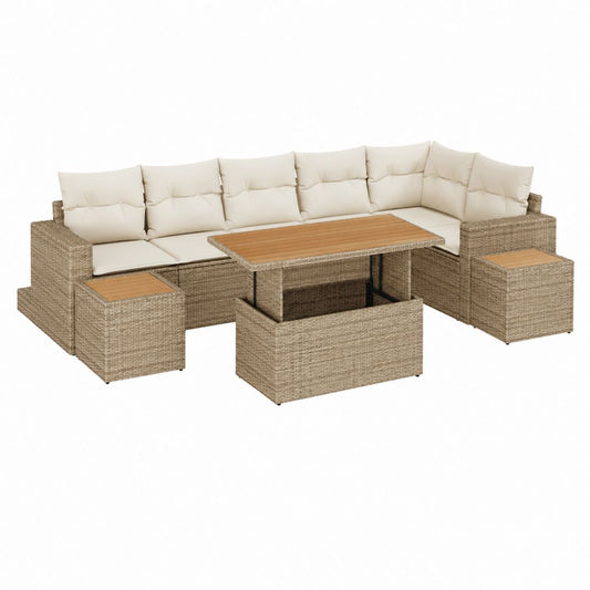 Salon de jardin d'angle 7 pièces beige en résine tressée PE et acier avec table relevable 220 x 170 x 63 cm