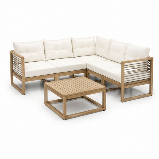 Salon de jardin d'angle 5 places avec table basse beige et bois d'acacia 220 x 220 x 70 cm