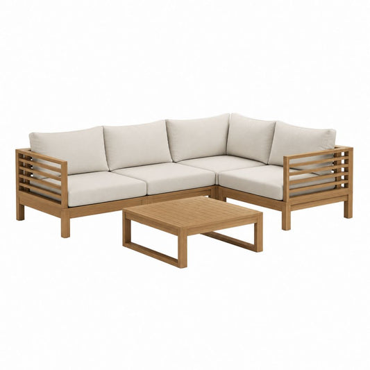 Salon de jardin d'angle 3 pièces en acacia massif marron avec coussins beige 210 x 140 x 65 cm